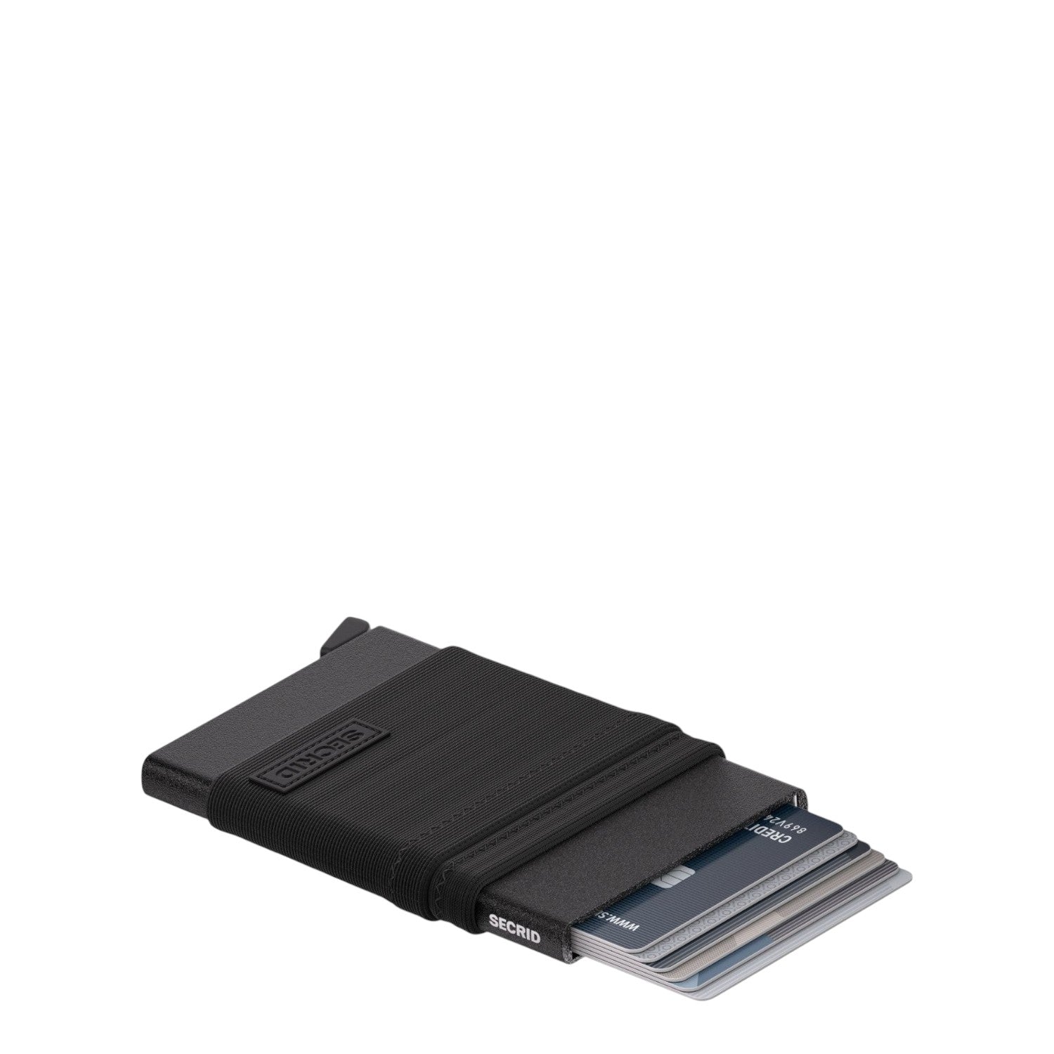 Lieblingstasche Secrid Flexwallet in black with RFID-protected card case and flexible elastic powernet textile sleeve.
