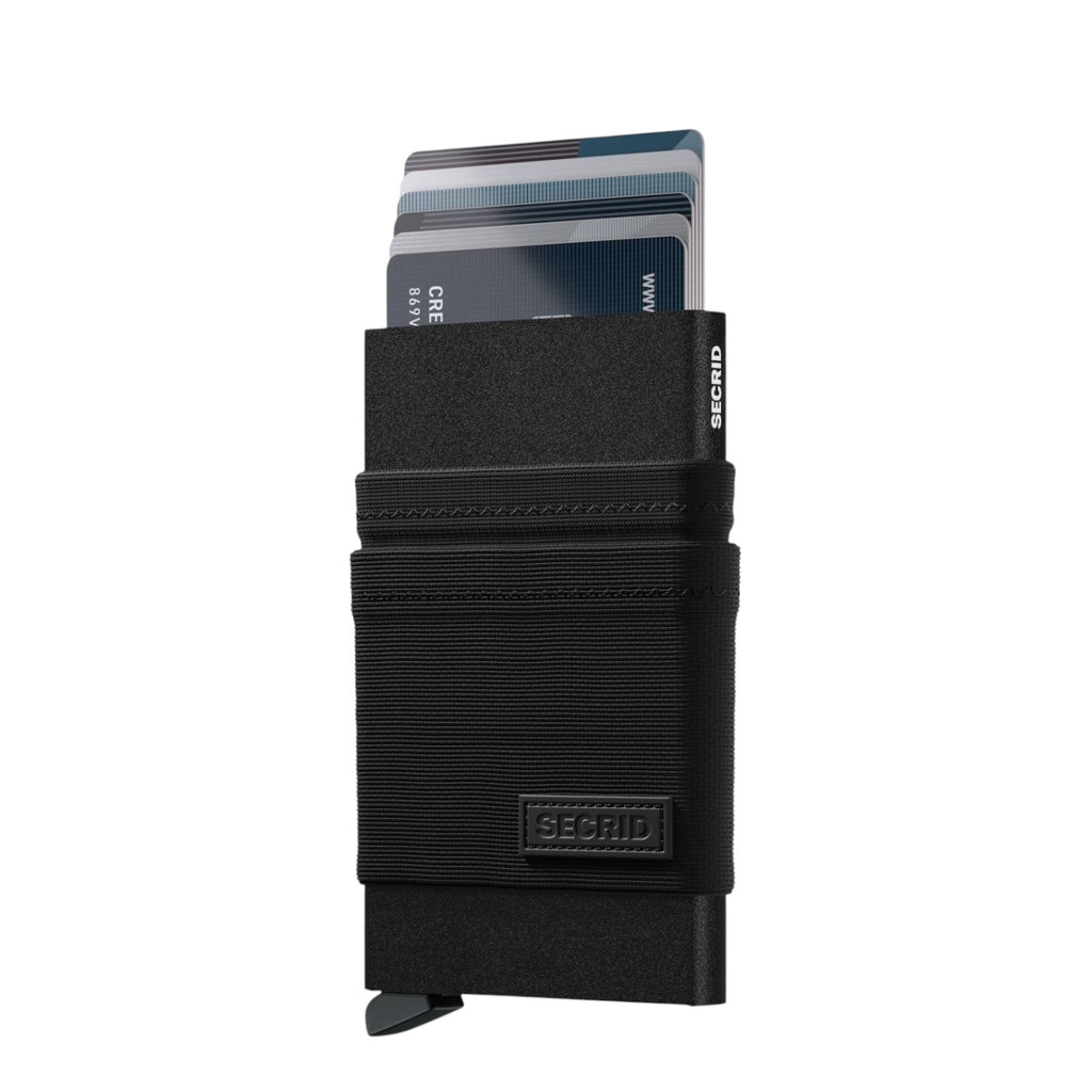 Lieblingstasche Secrid Flexwallet in black with elastic powernet textile sleeve and RFID-protected card holder