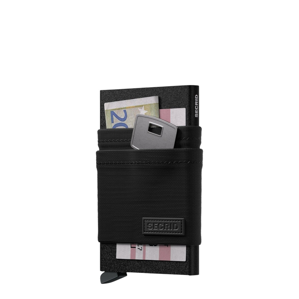 Lieblingstasche Secrid Flexwallet in black with elastic powernet sleeve holding cards, cash, and a key