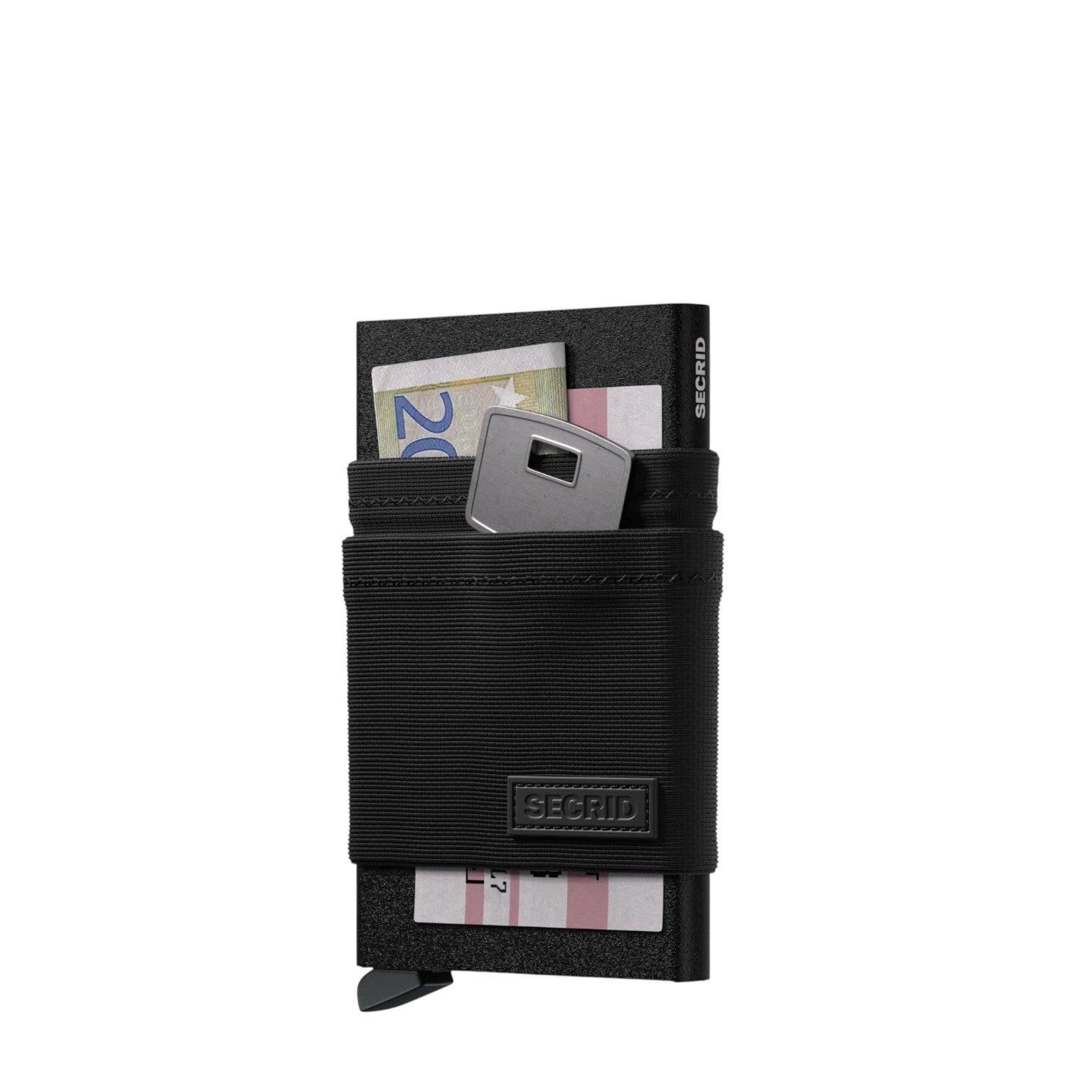 Lieblingstasche Secrid Flexwallet in black with elastic powernet sleeve holding cards, cash, and a key