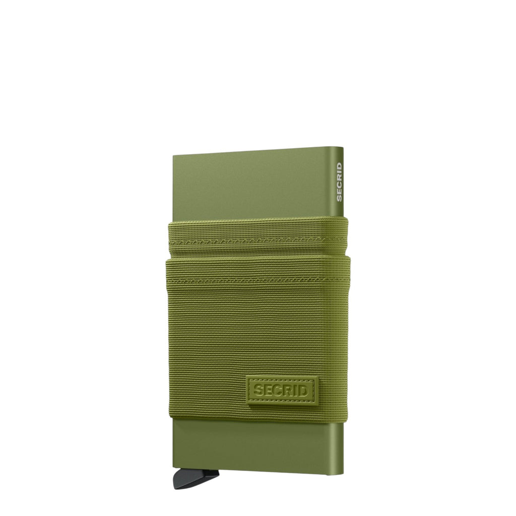 Lieblingstasche Secrid Flexwallet in olive green with a protective card case and flexible elastic powernet sleeve.