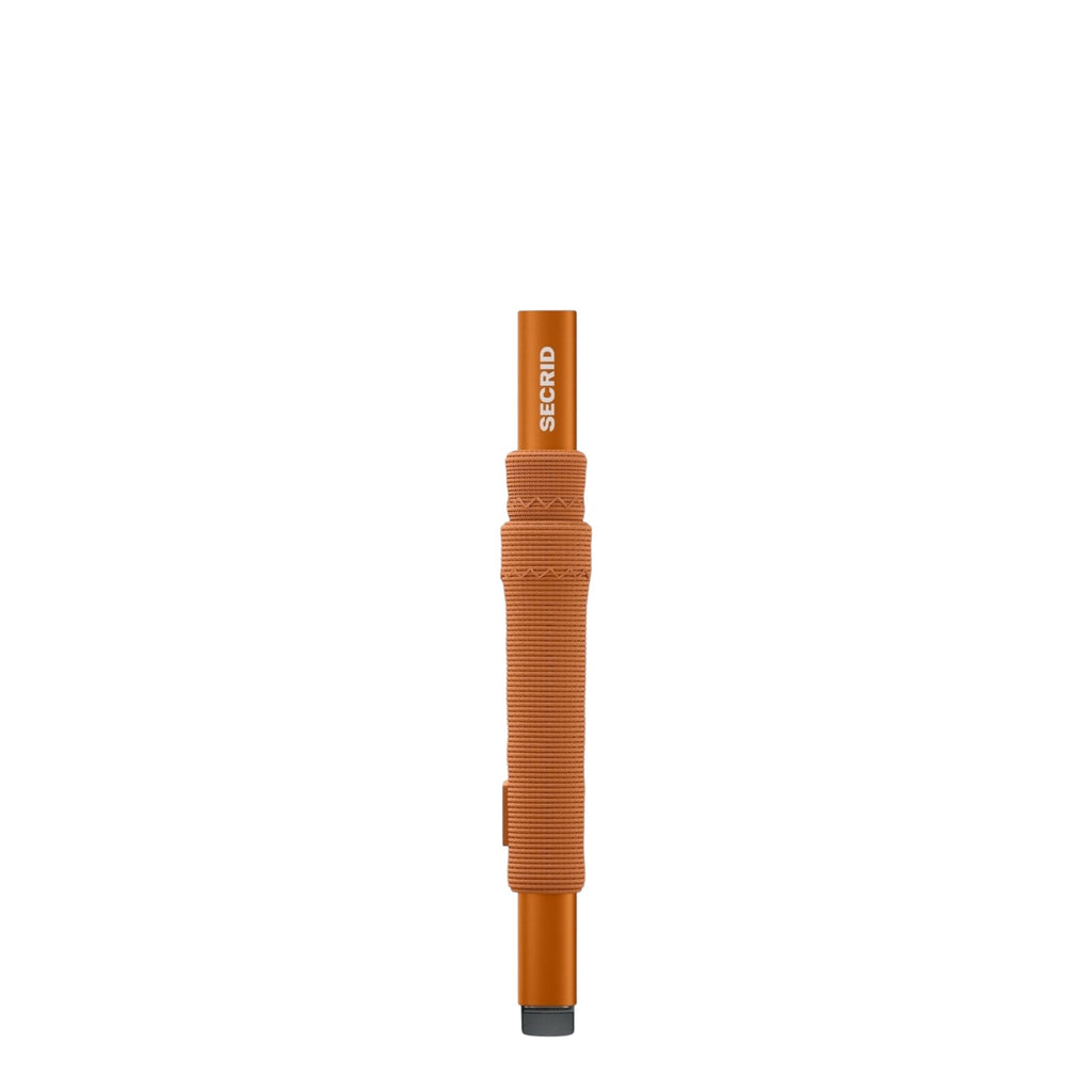 Lieblingstasche Secrid Flexwallet in orange with a flexible powernet textile sleeve and card protector mechanism.
