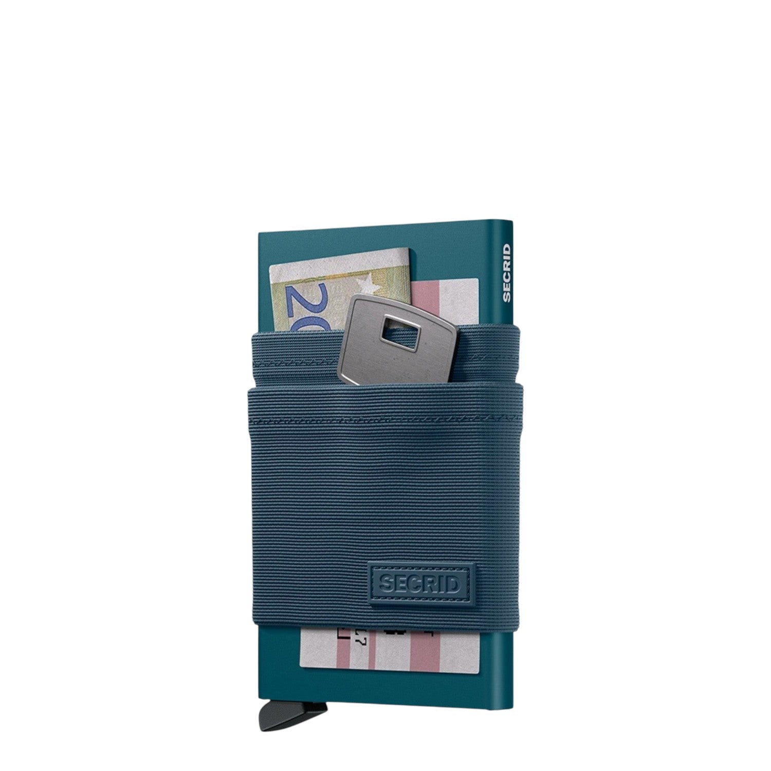 Lieblingstasche Secrid Flexwallet in teal with elastic powernet band holding cards, cash, and a key