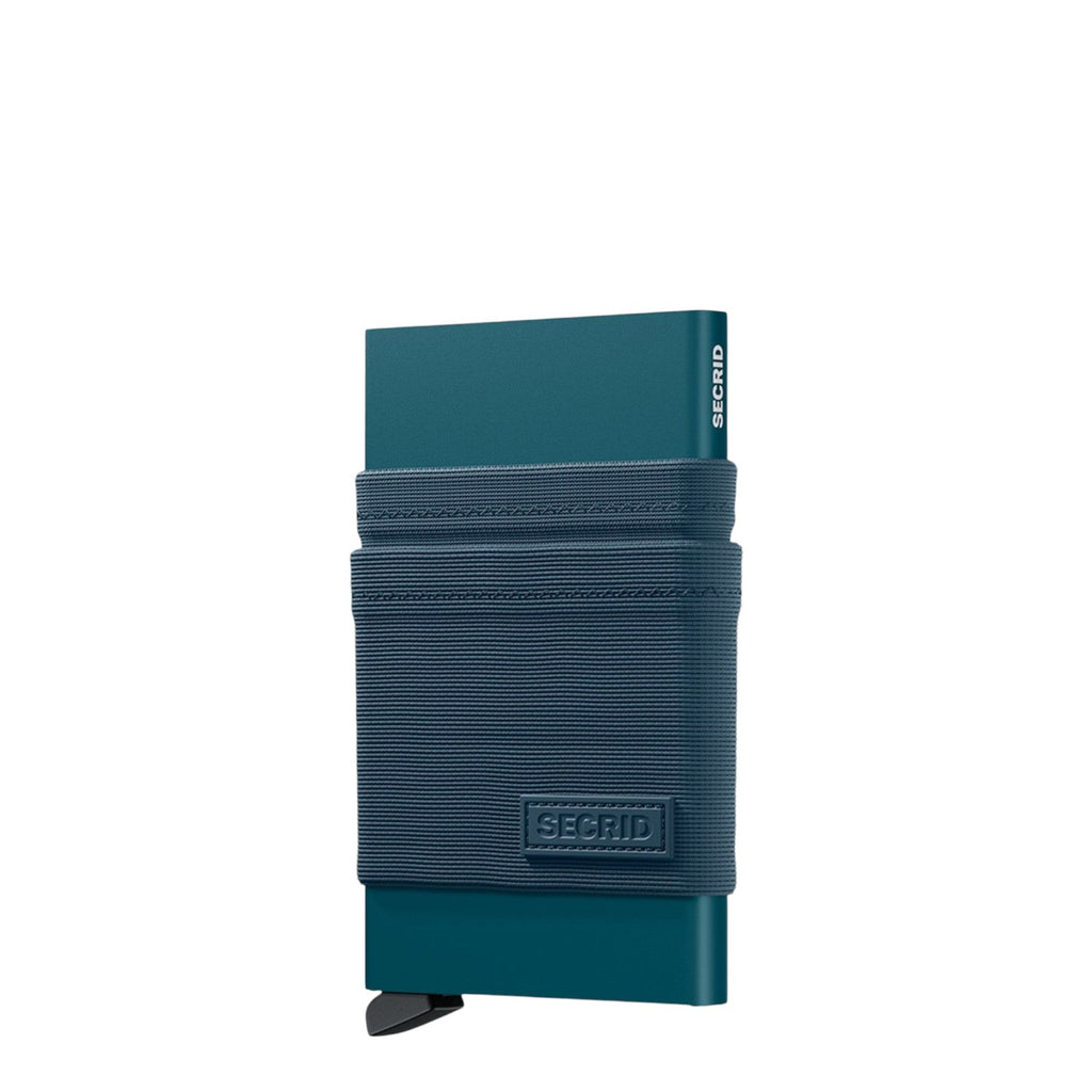 Lieblingstasche Secrid Flexwallet in teal with a flexible elastic powernet textile sleeve and RFID card protector.