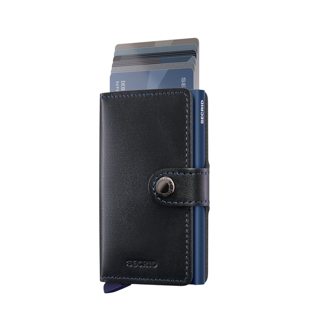 Lieblingstasche Secrid Miniwallet Original in black leather with blue stitching and a blue RFID card protector.