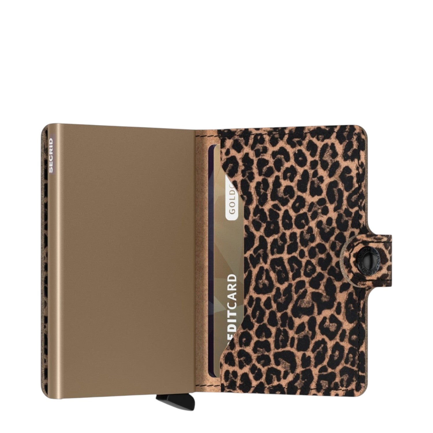 Lieblingstasche Secrid Miniwallet Leo with metallic gold card protector and leopard print leather interior