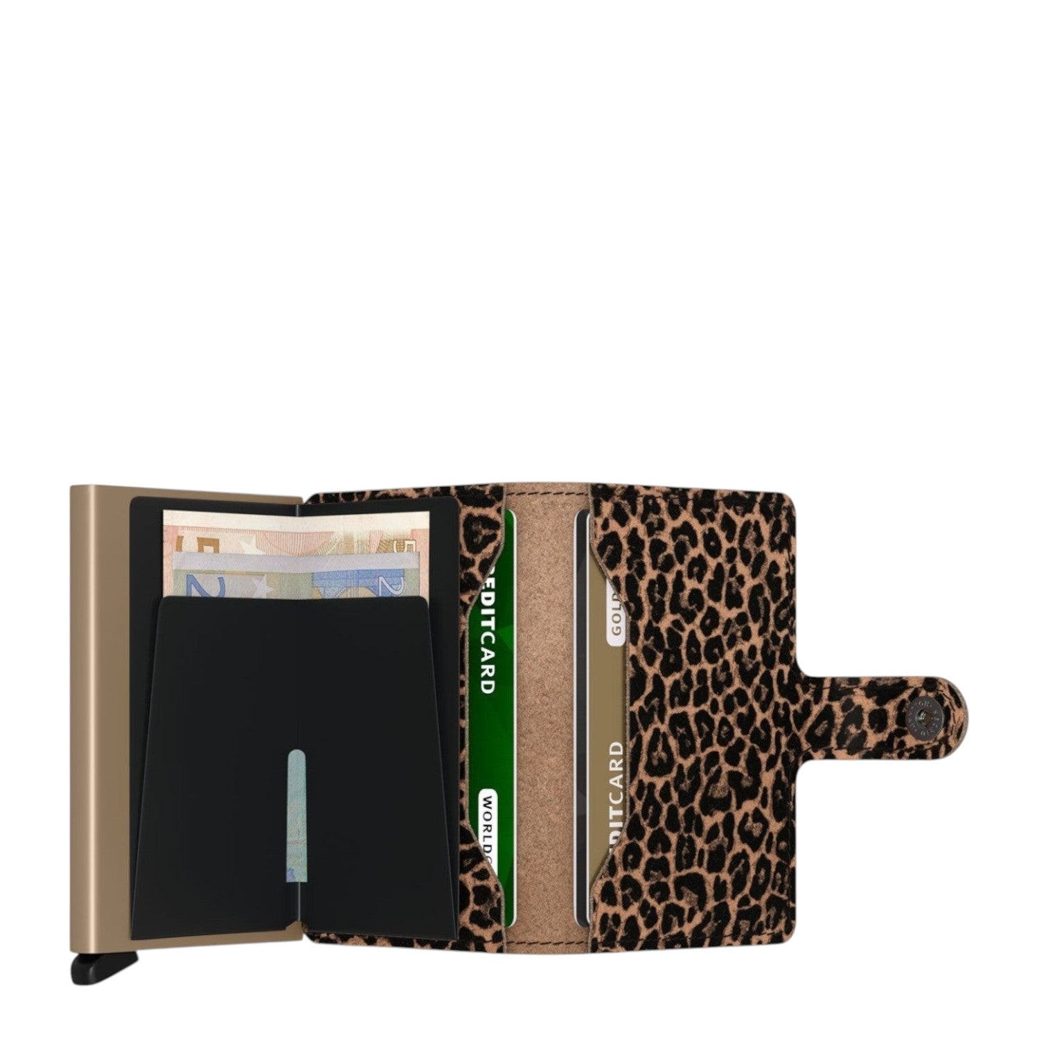 Lieblingstasche Secrid Miniwallet Leo with leopard print leather, gold card protector, and RFID protection.