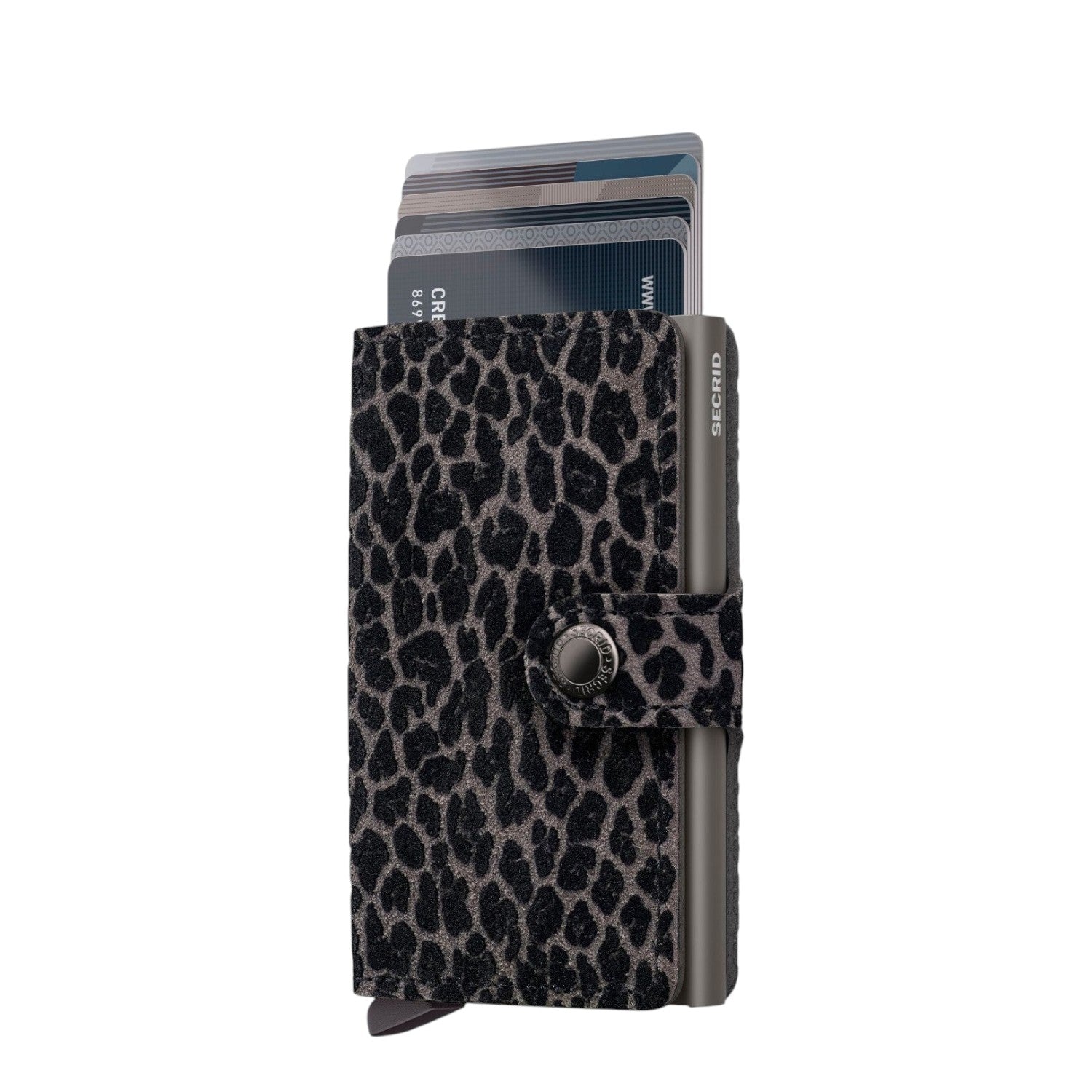 Lieblingstasche Secrid Miniwallet Leo with black and grey leopard print leather and RFID-protected card mechanism