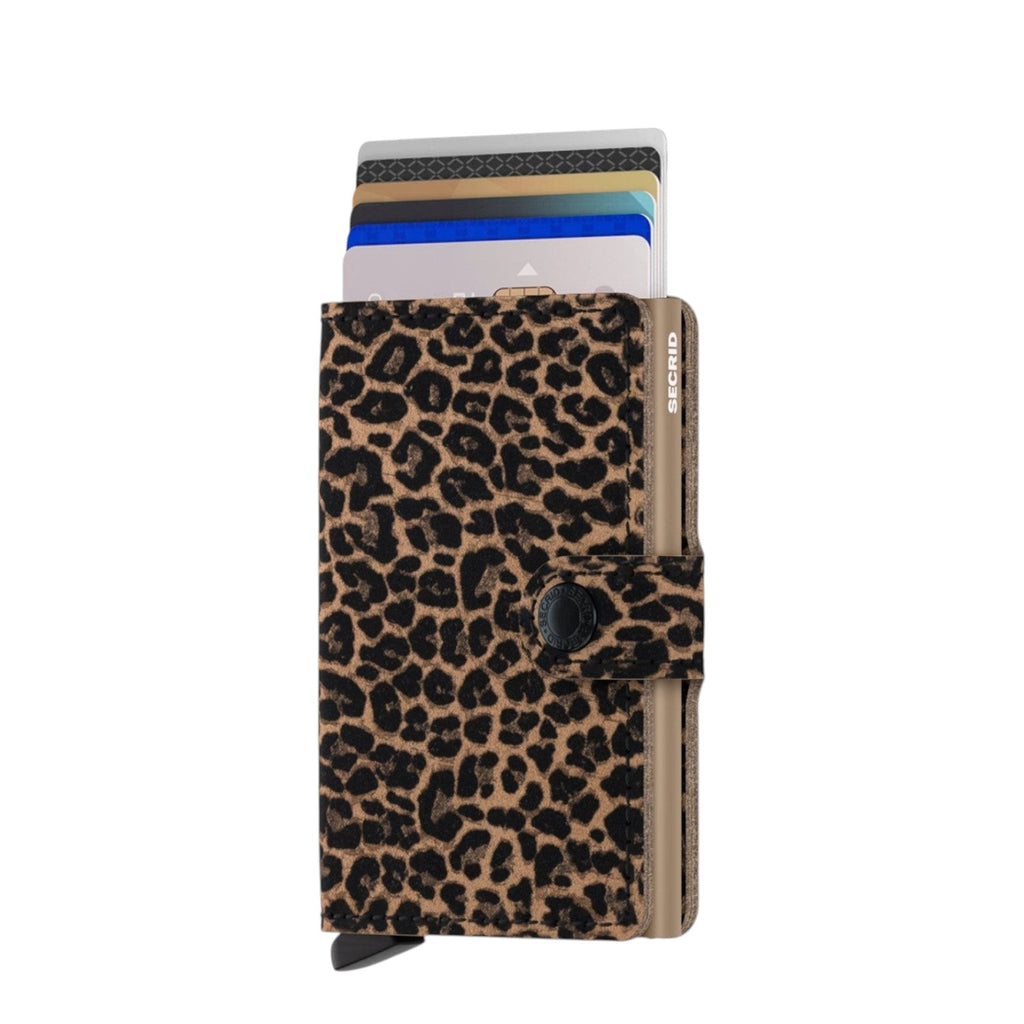 Lieblingstasche Secrid Miniwallet Leo with leopard print leather, featuring a card protector and snap button closure.