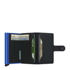 Lieblingstasche Secrid Miniwallet Matte in black leather with a blue RFID-protected card protector and cash slot.