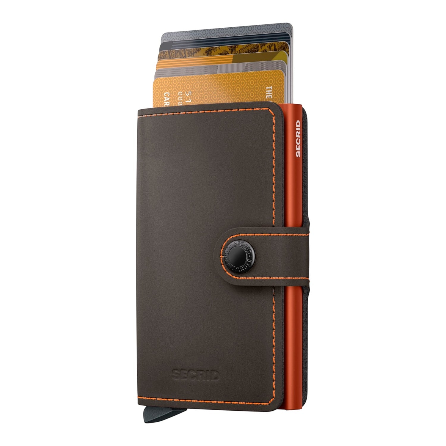 Lieblingstasche Secrid Miniwallet Matte in dark brown leather with orange stitching and RFID-protected card holder