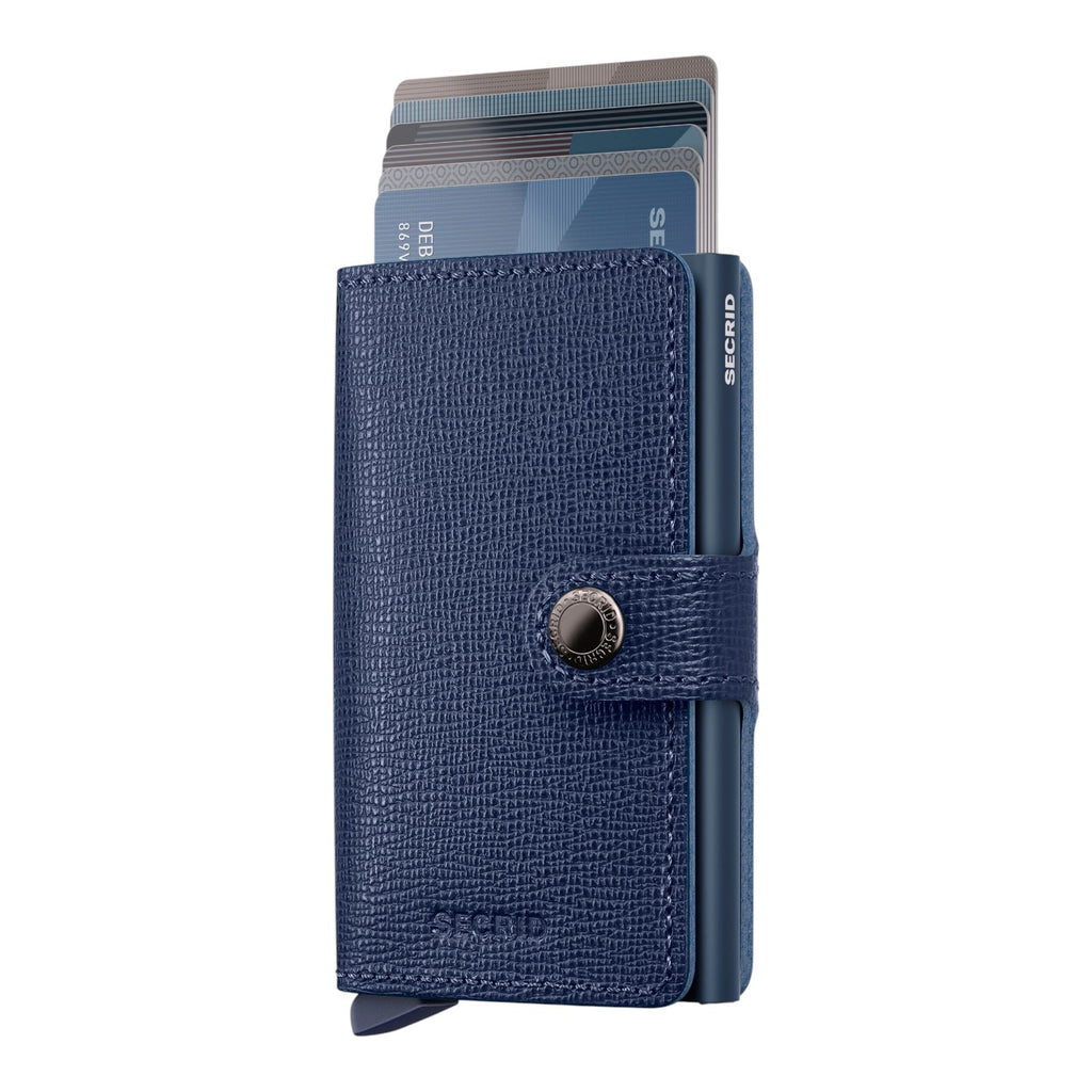 Lieblingstasche Secrid Miniwallet Crisple in navy blue leather with Saffiano texture and aluminium card protector.