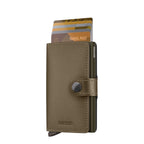 Lieblingstasche Secrid Miniwallet in matte olive green leather with card protector mechanism and snap button closure