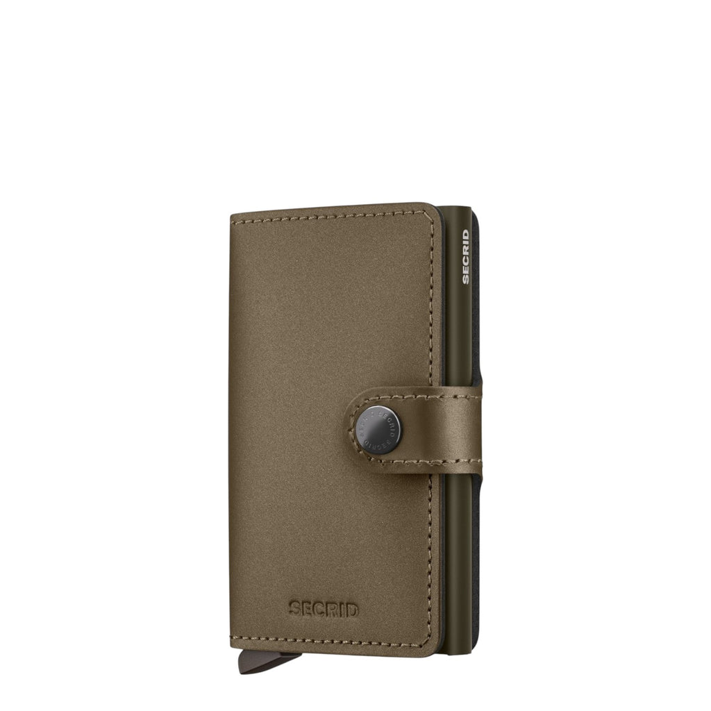 Lieblingstasche Secrid Miniwallet in matte olive green leather with a secure snap button and RFID card protector.