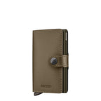 Lieblingstasche Secrid Miniwallet in matte olive green leather with a secure snap button and RFID card protector.