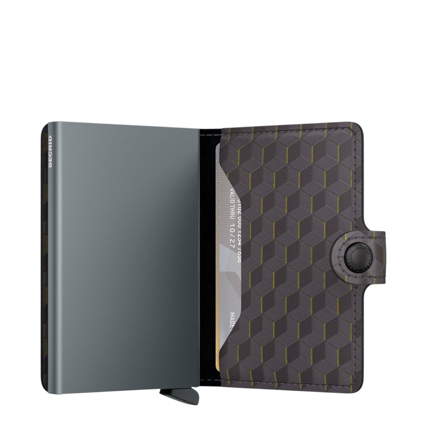 Lieblingstasche Secrid Miniwallet Optical with grey metal card protector and geometric patterned leather interior