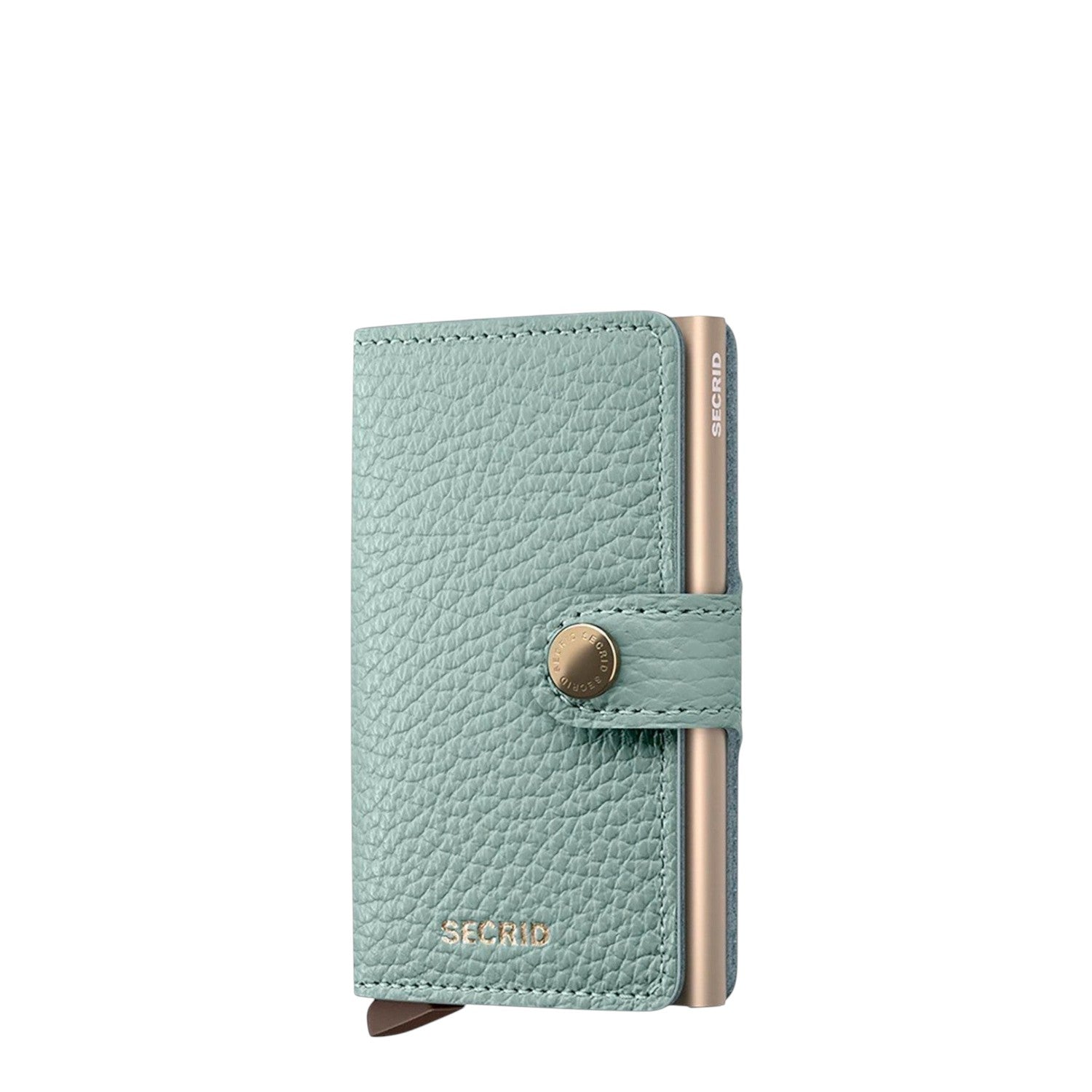 Lieblingstasche Secrid Miniwallet in light green pebble leather with a secure snap button and metal card protector.