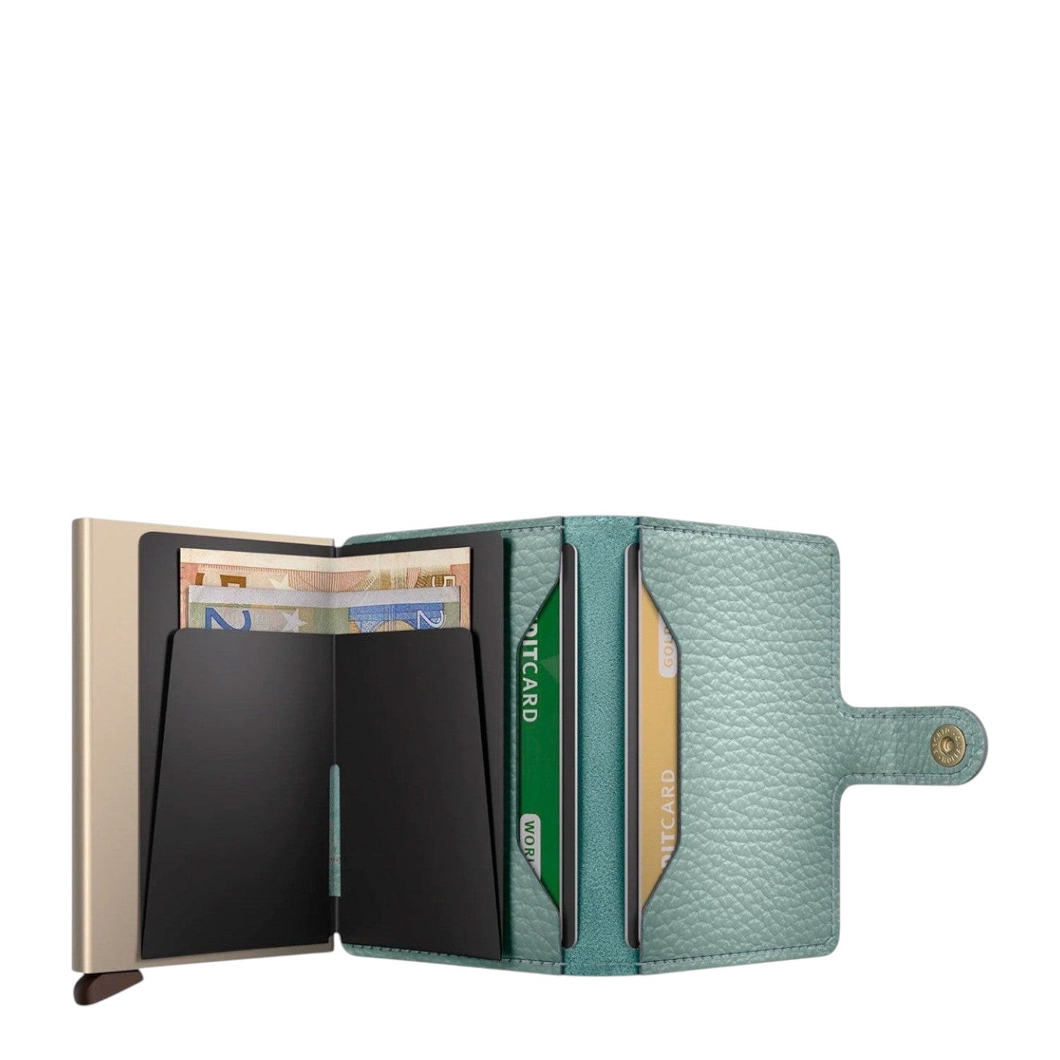 Lieblingstasche Secrid Miniwallet in light green pebble leather with integrated card protector and snap button closure