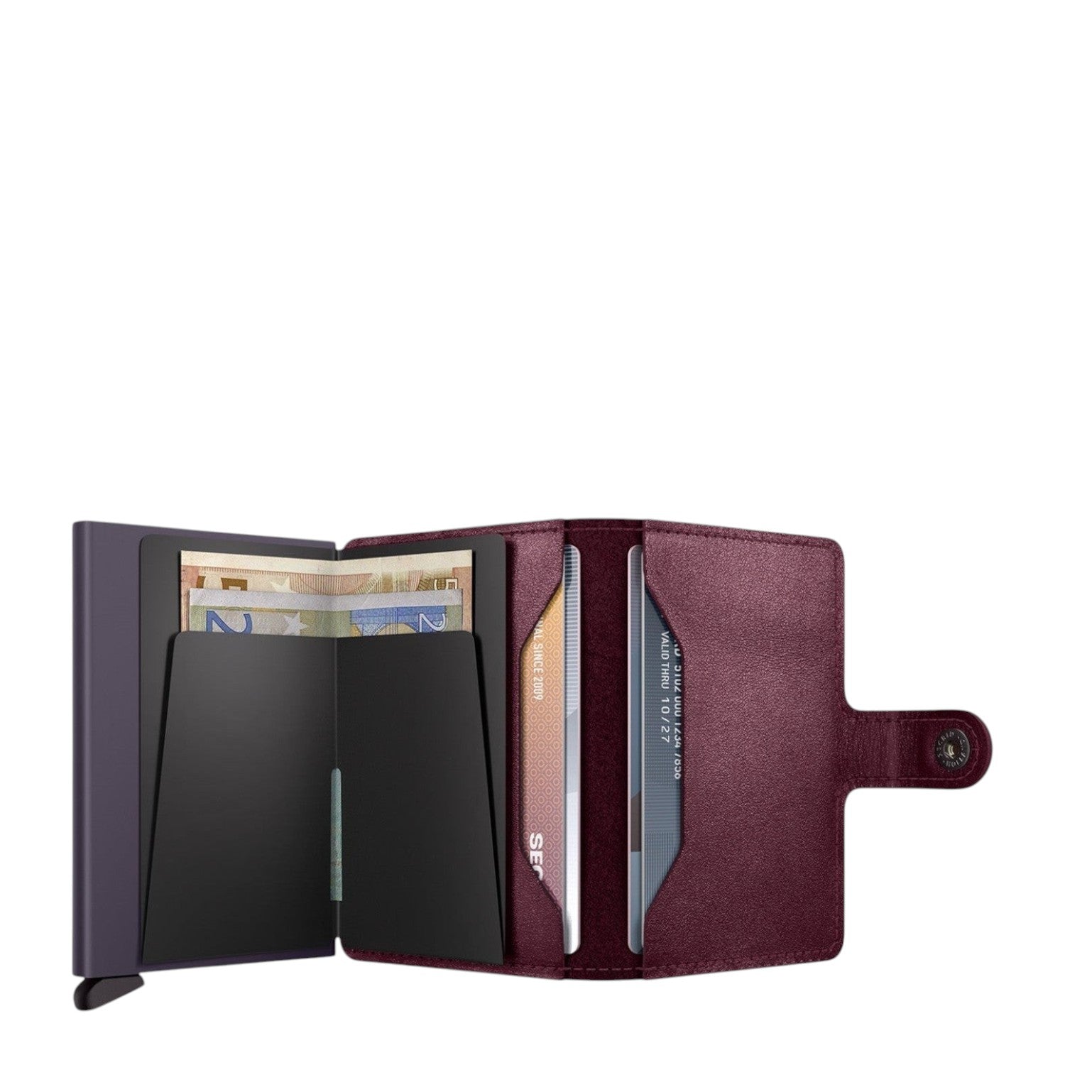 Lieblingstasche Secrid Miniwallet in dark purple leather with integrated RFID-protected card protector and cash slot.