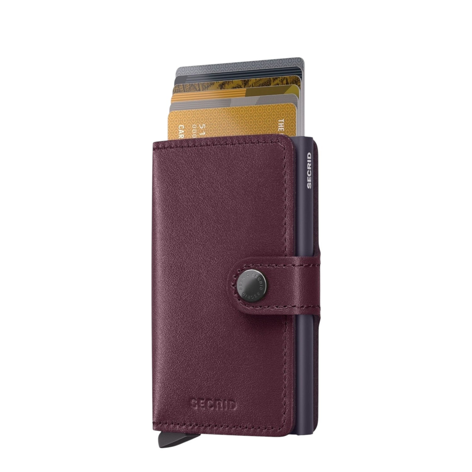 Lieblingstasche Secrid Miniwallet in dark purple leather with an integrated RFID-blocking card protector mechanism.