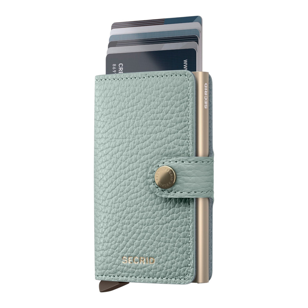 Lieblingstasche Secrid Miniwallet Pebble in sage green textured leather with gold metal card protector and snap button