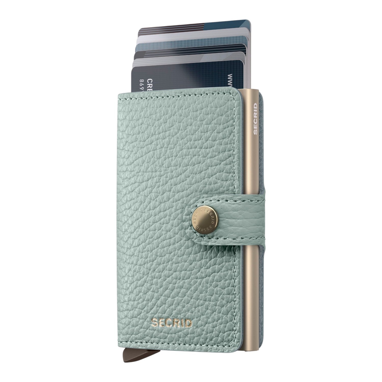 Lieblingstasche Secrid Miniwallet Pebble in sage green textured leather with gold metal card protector and snap button