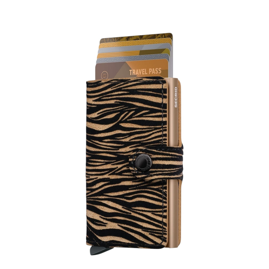 Lieblingstasche Secrid Miniwallet in black and tan zebra print leather with an integrated card protector mechanism