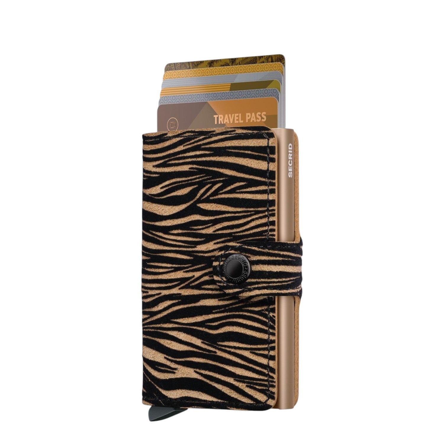 Lieblingstasche Secrid Miniwallet in black and tan zebra print leather with an integrated card protector mechanism