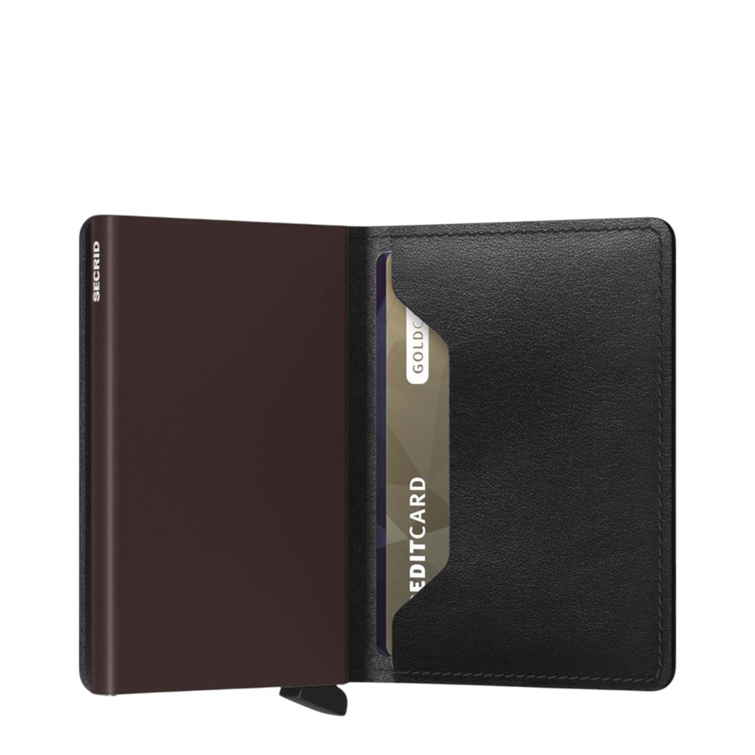 Lieblingstasche Secrid Slimwallet in black leather with a dark brown metal card protector and RFID protection