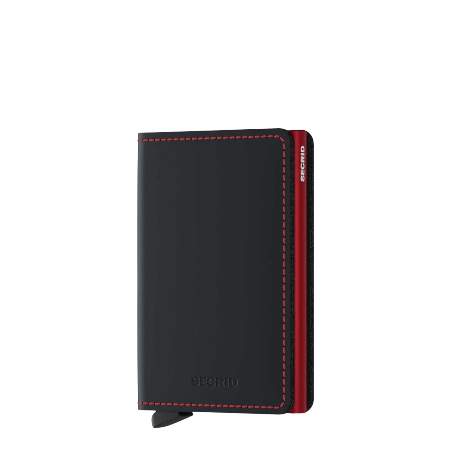 Lieblingstasche Secrid Slimwallet in matte black leather with red stitching and a red metallic card protector.
