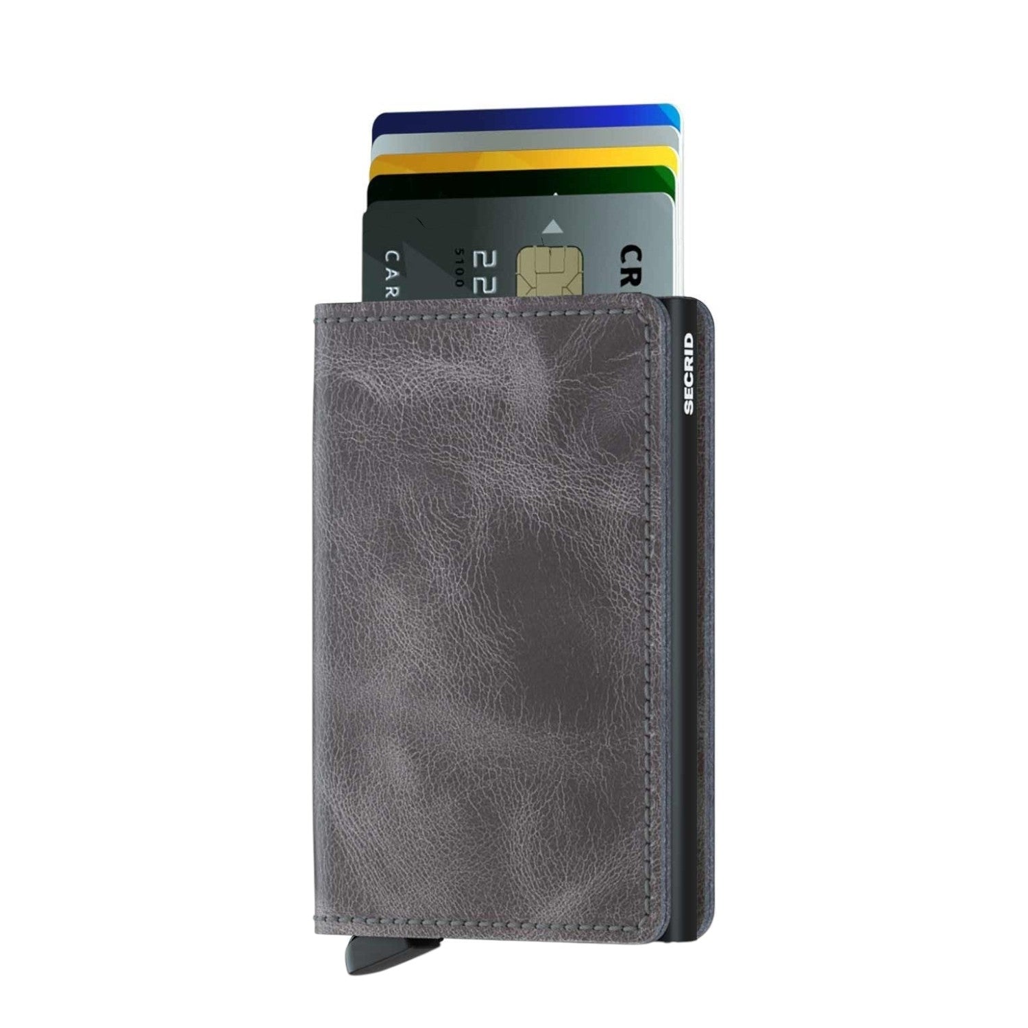 Lieblingstasche Secrid Slimwallet in grey vintage leather with RFID-protected card mechanism and card slots.