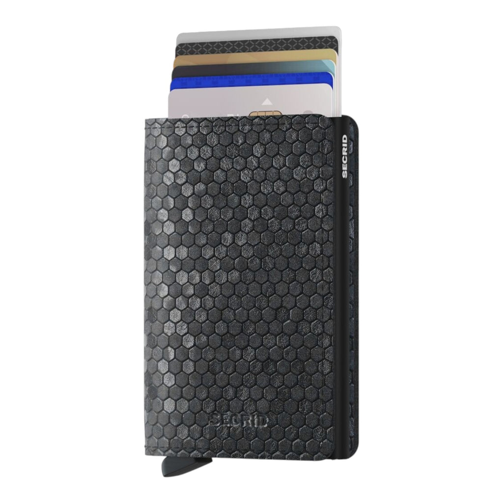 Lieblingstasche Secrid Slimwallet Hexagon in black leather with RFID-protected aluminium card protector and cards.