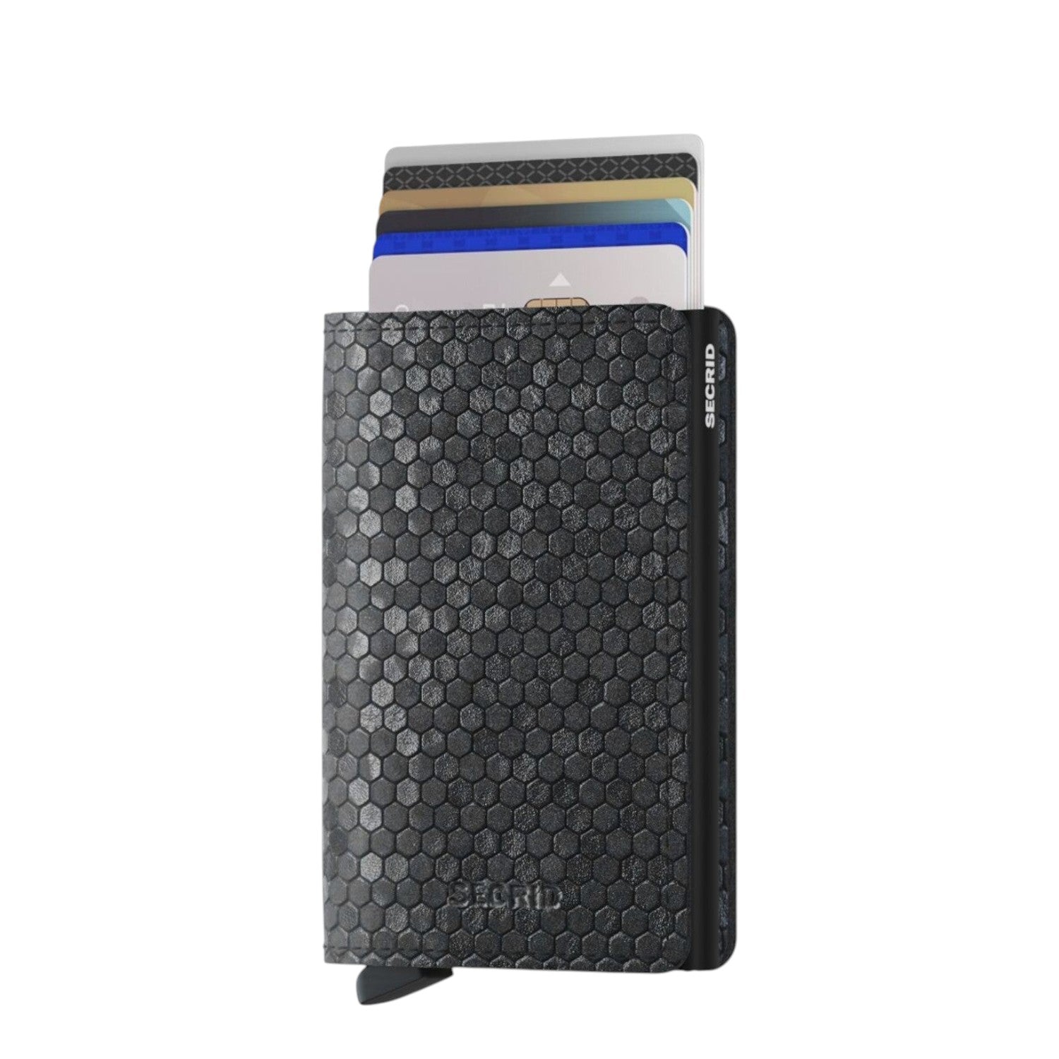 Lieblingstasche Secrid Slimwallet Hexagon in black with textured honeycomb pattern and card protector mechanism