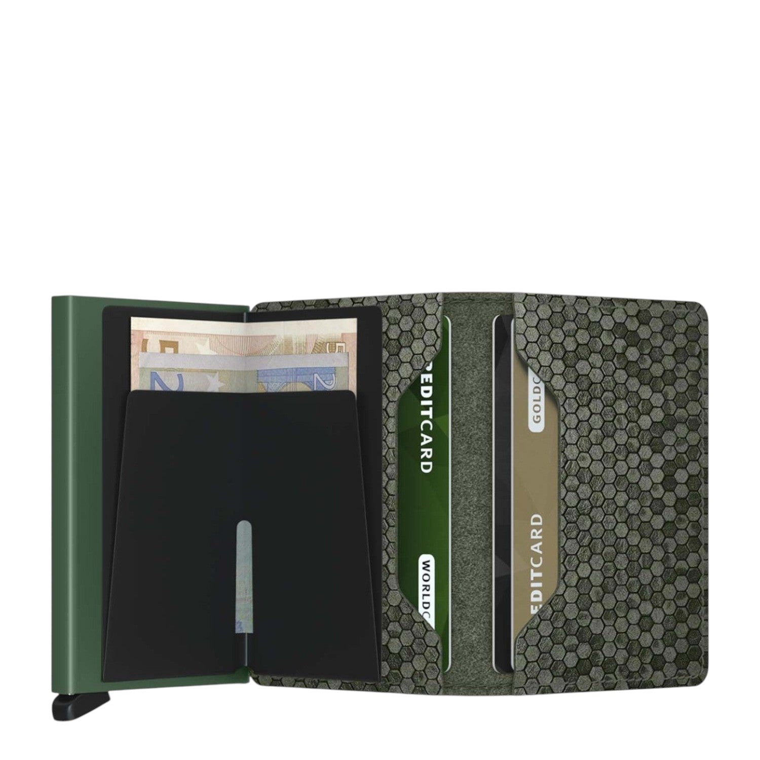 Lieblingstasche Secrid Slimwallet in green with a geometric hexagon pattern and integrated card protector mechanism.