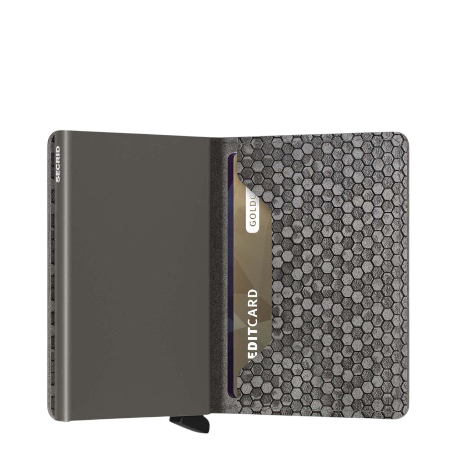 Lieblingstasche Secrid Slimwallet Hexagon in grey with a geometric honeycomb pattern and integrated card protector.