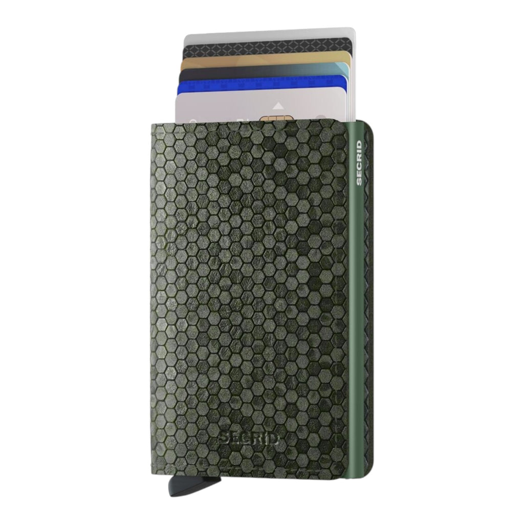 Lieblingstasche Secrid Slimwallet Hexagon in olive green leather with a textured honeycomb pattern and card protector