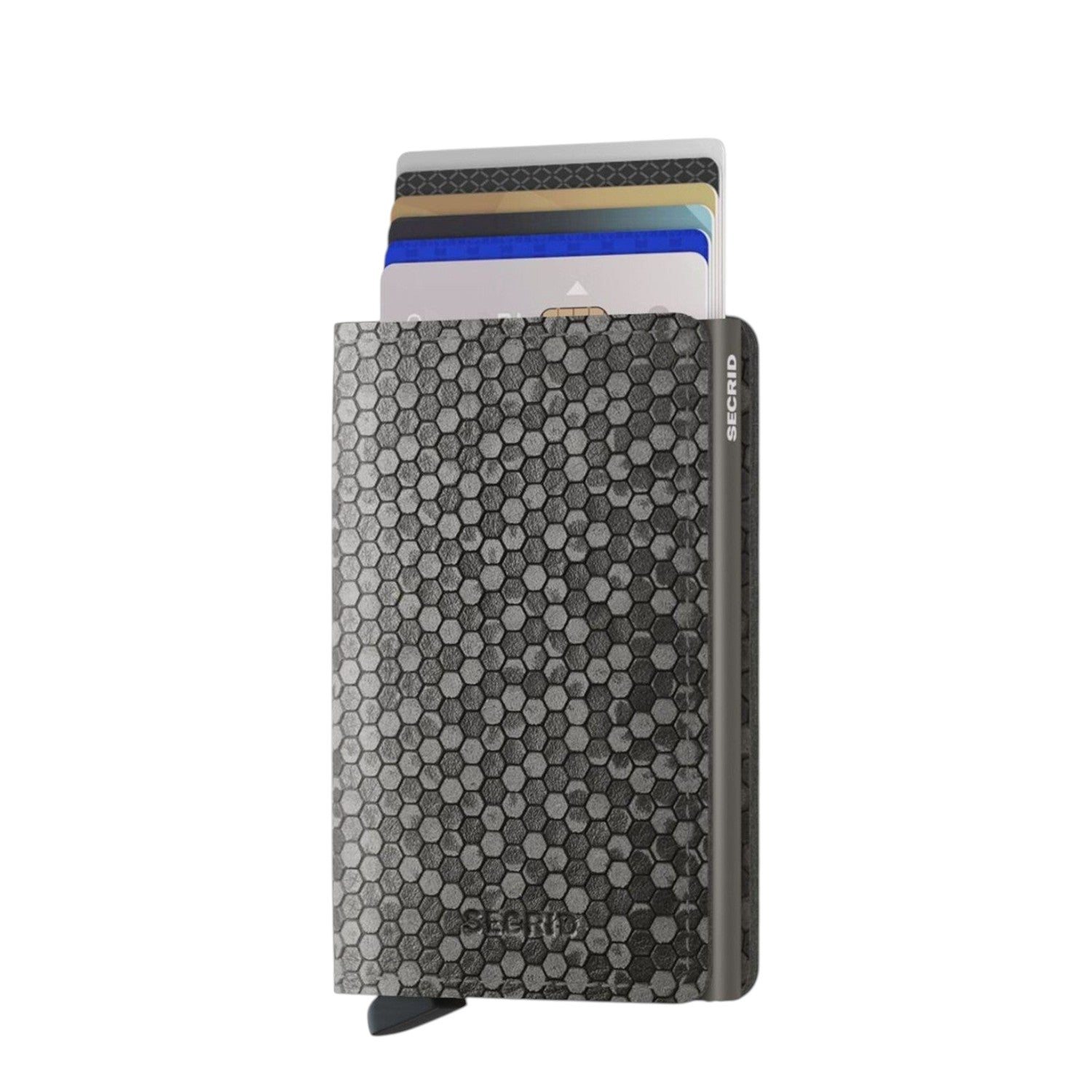 Lieblingstasche Secrid Slimwallet Hexagon with grey geometric pattern, RFID protection, and card slide mechanism.