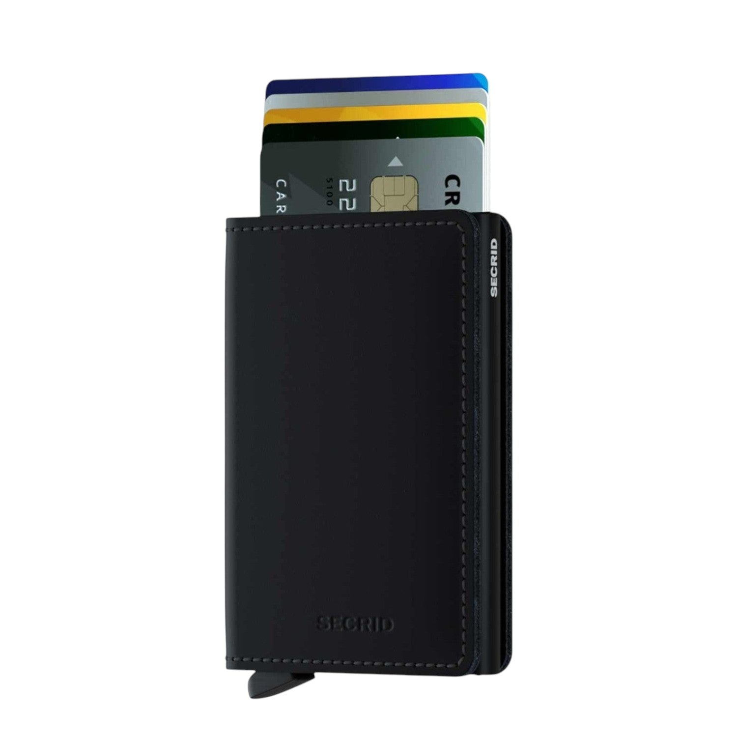 Lieblingstasche Secrid Slimwallet Matte in black with card protector mechanism and multiple credit cards visible