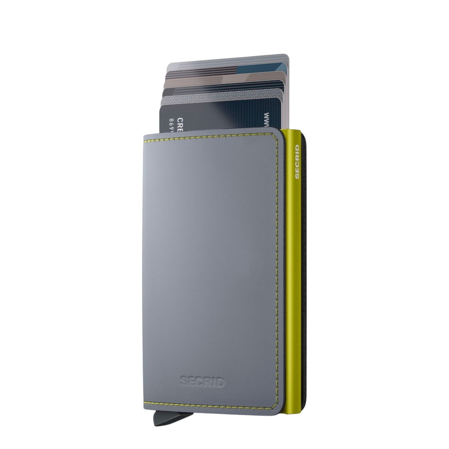 Lieblingstasche Secrid Slimwallet Matte in grey with lime green accents and card protector mechanism