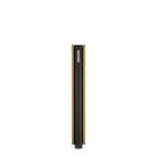 Lieblingstasche Secrid Slimwallet Matte in black and gold, showing the slim profile and card protector mechanism.