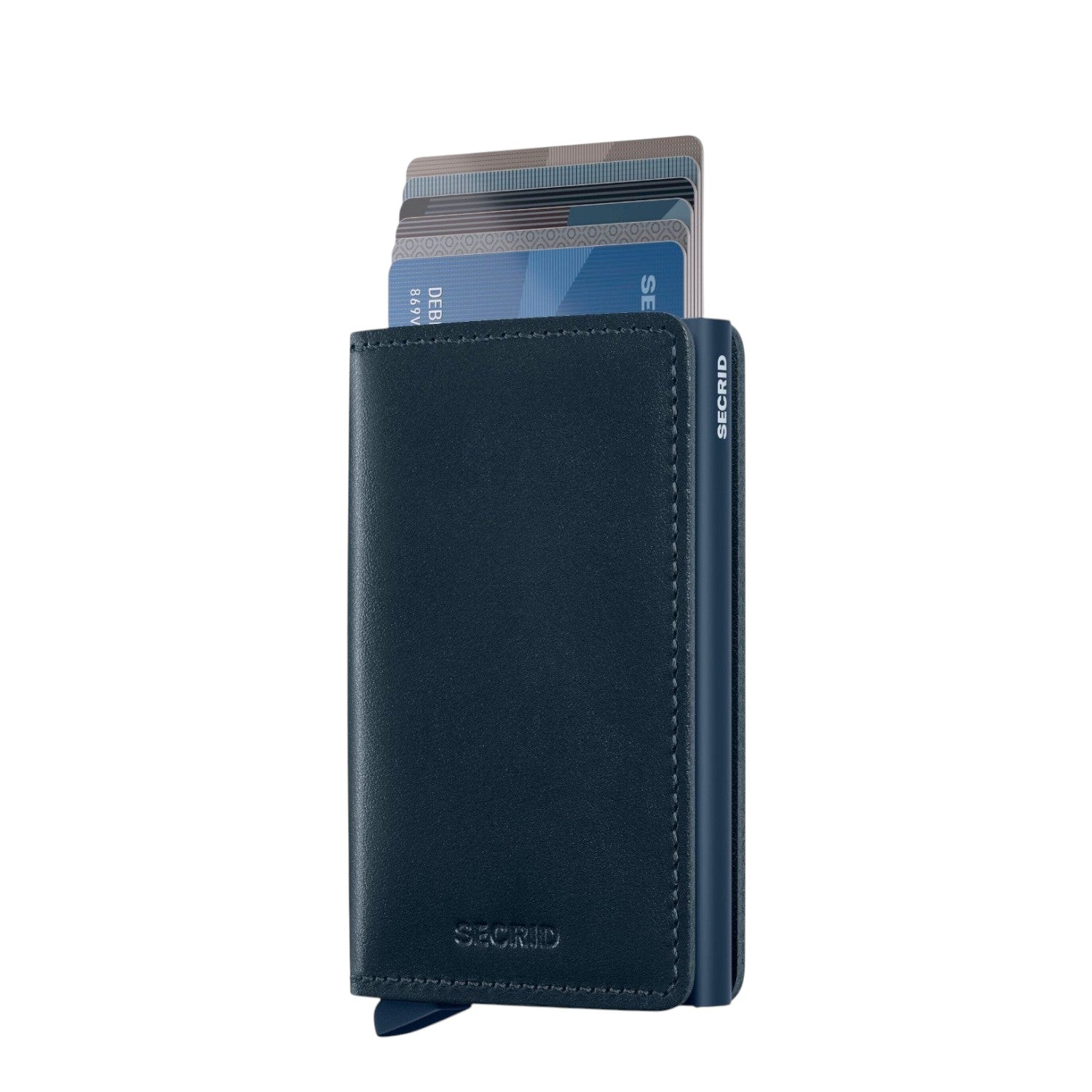 Lieblingstasche Secrid Slimwallet in navy blue leather with card protector mechanism for RFID protection