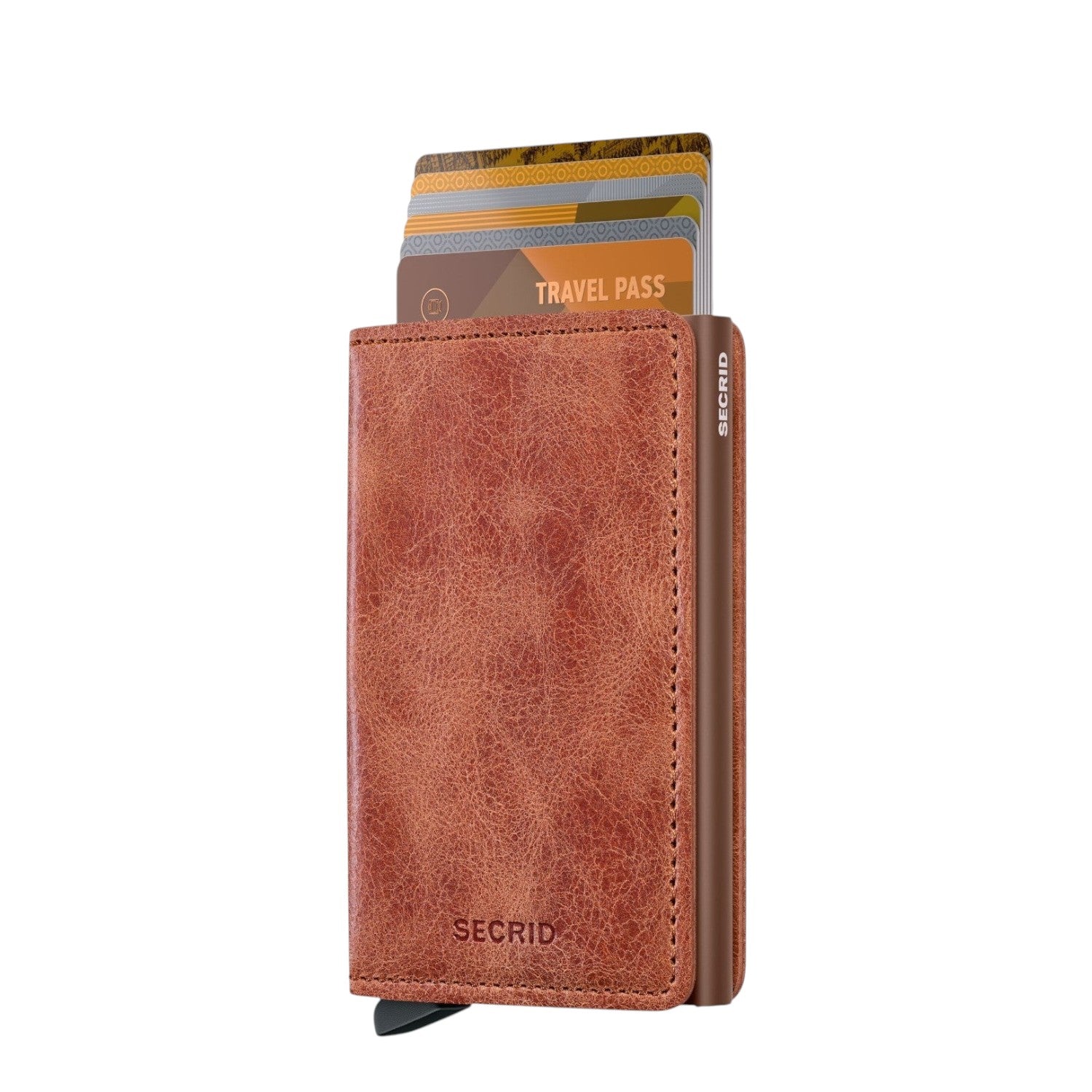 Lieblingstasche Secrid Slimwallet Vintage in brown leather with card protector mechanism and multiple cards visible