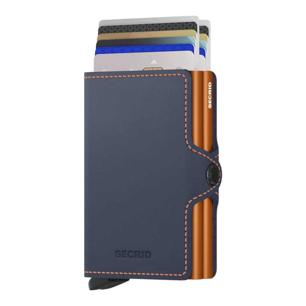 Lieblingstasche Secrid Twinwallet Matte in blue leather with orange stitching and aluminium card protector mechanism