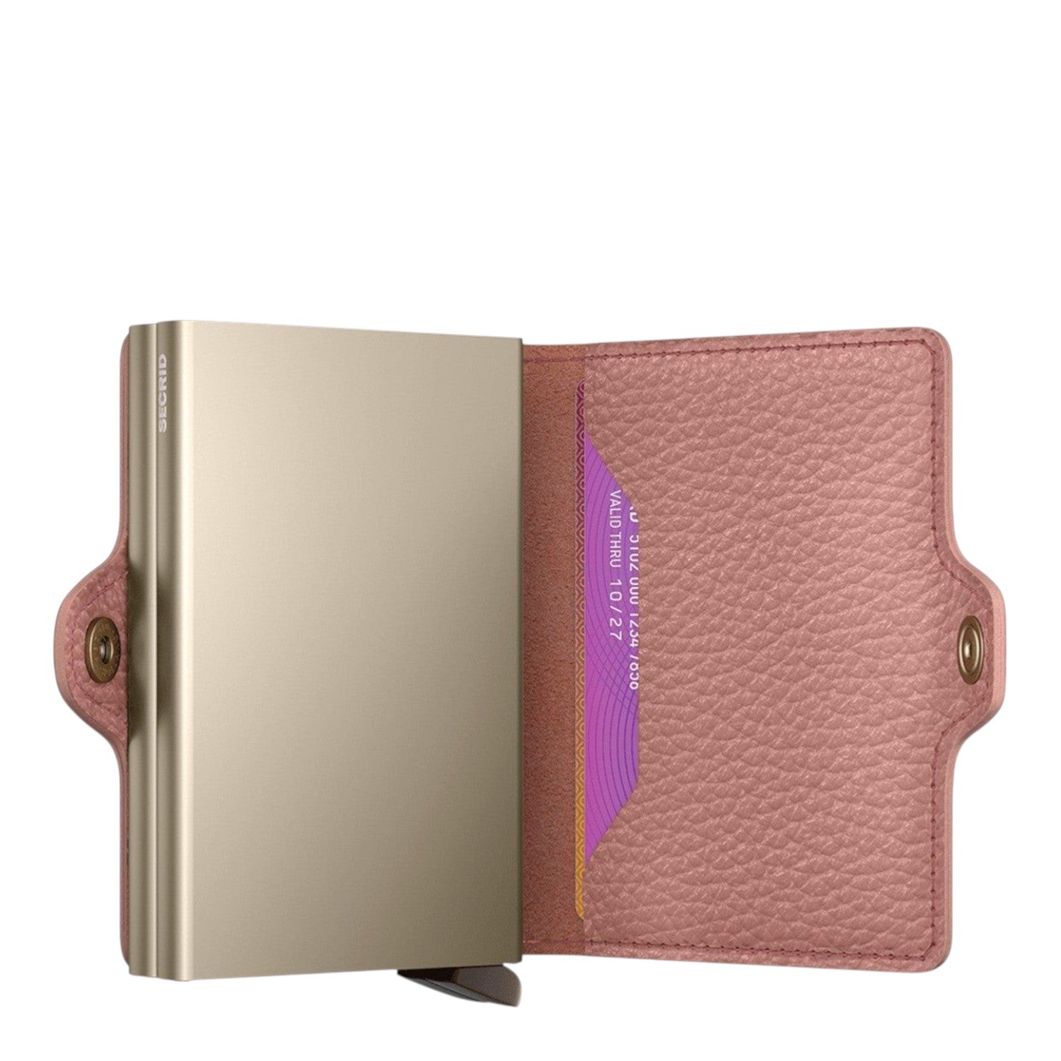 Lieblingstasche Secrid Twinwallet Pebble in dusty pink leather with a metallic gold RFID-blocking card protector.