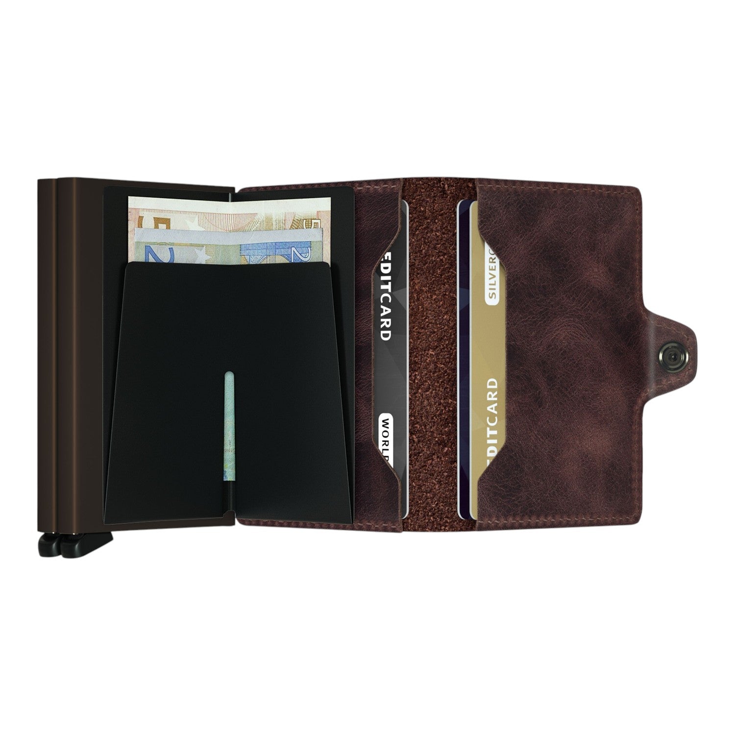 Lieblingstasche Secrid Twinwallet Vintage in dark brown leather with two aluminium card protectors and banknote slots.