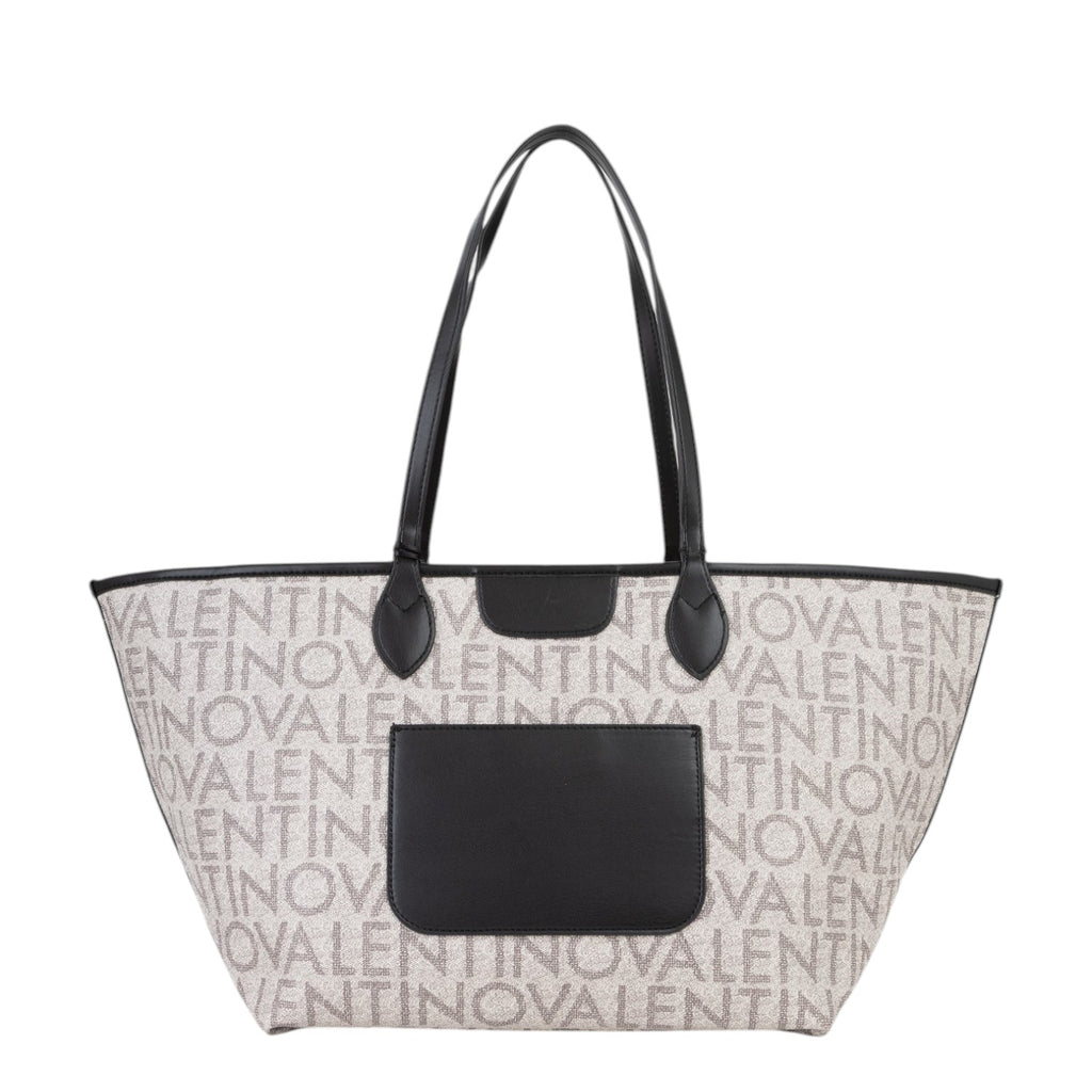 Lieblingstasche Shopping Reverse tote bag in beige canvas with all-over grey logo print and black leather trim.