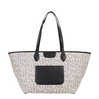 Lieblingstasche Shopping Reverse tote bag in beige canvas with all-over grey logo print and black leather trim.