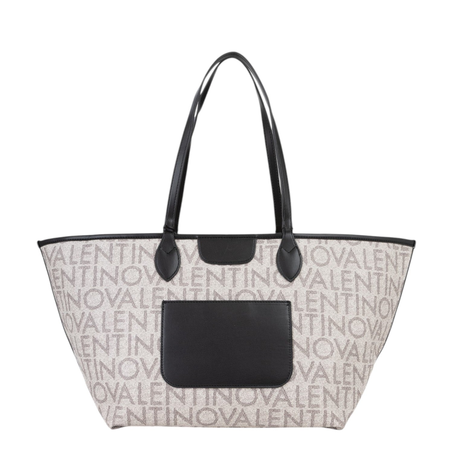 Lieblingstasche Shopping Reverse tote bag in beige canvas with all-over grey logo print and black leather trim.