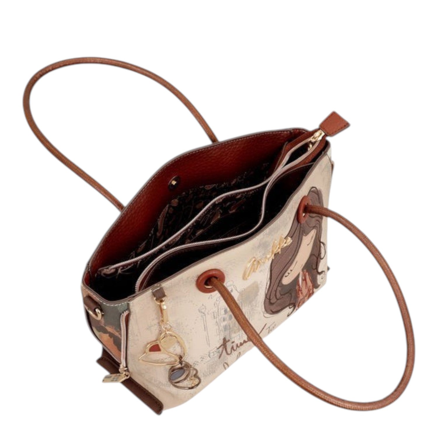 Lieblingstasche short handle bag in beige with illustrated graphic print, brown leather straps, and heart charms
