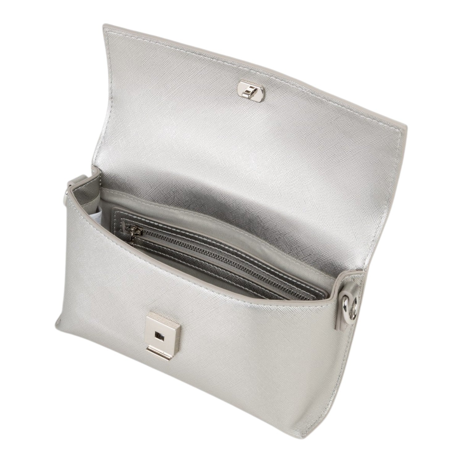 Lieblingstasche Pochette Pandia Re silver metallic clutch bag with silver hardware and zip closure.